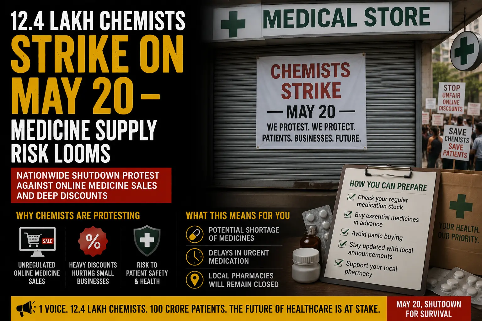 12.4 Lakh Chemists Strike on May 20 โ Medicine Supply Risk Looms