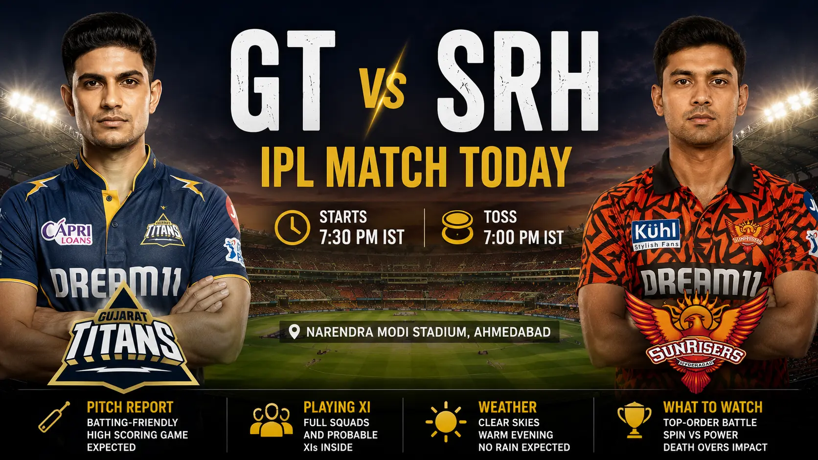 GT vs SRH IPL Match Today: Playing XI, Pitch Report, Toss Time, and Weather Updates