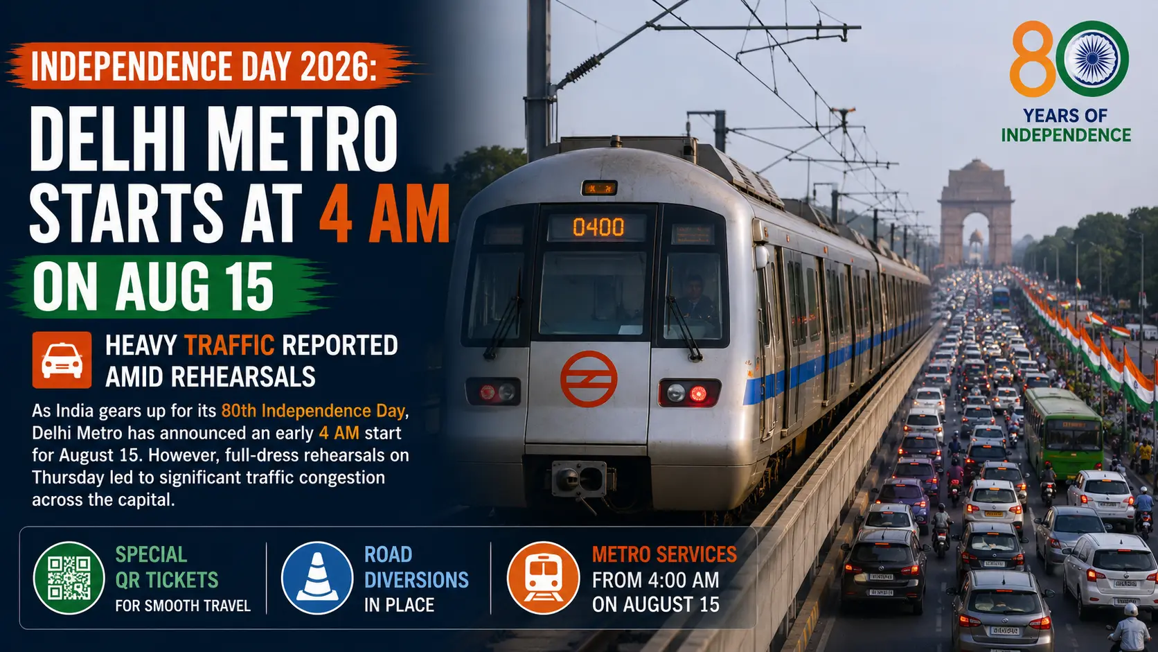 Independence Day 2026: Delhi Metro Starts at 4 AM on Aug 15; Heavy Traffic Reported Amid Rehearsals
