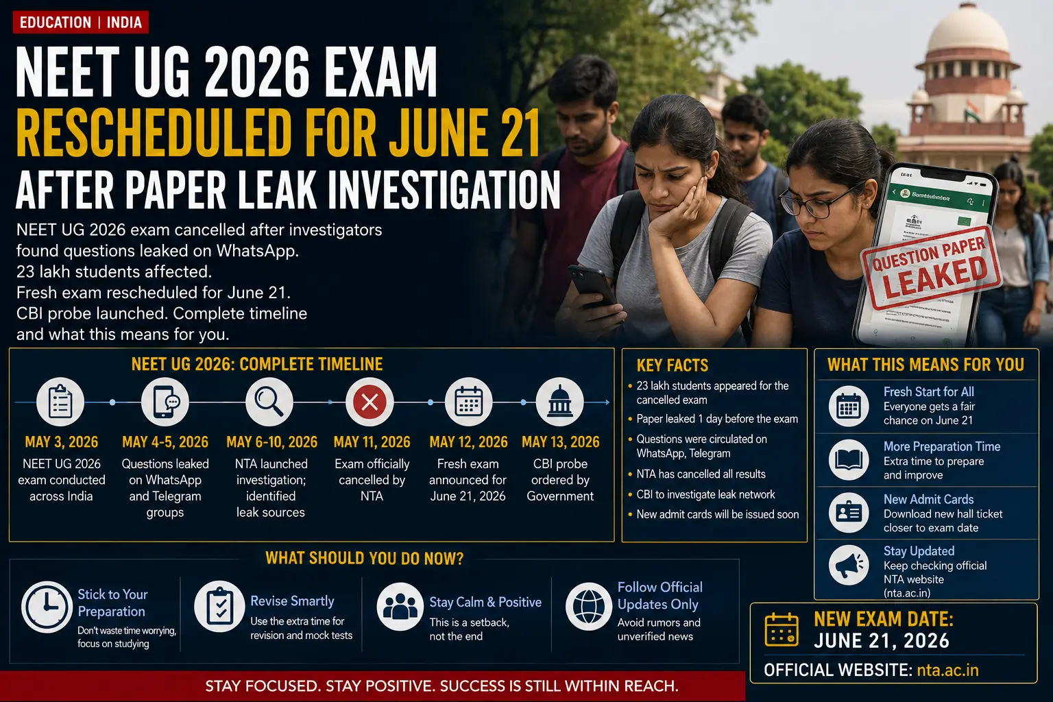 NEET UG 2026 Exam Rescheduled for June 21 After Paper Leak Investigation