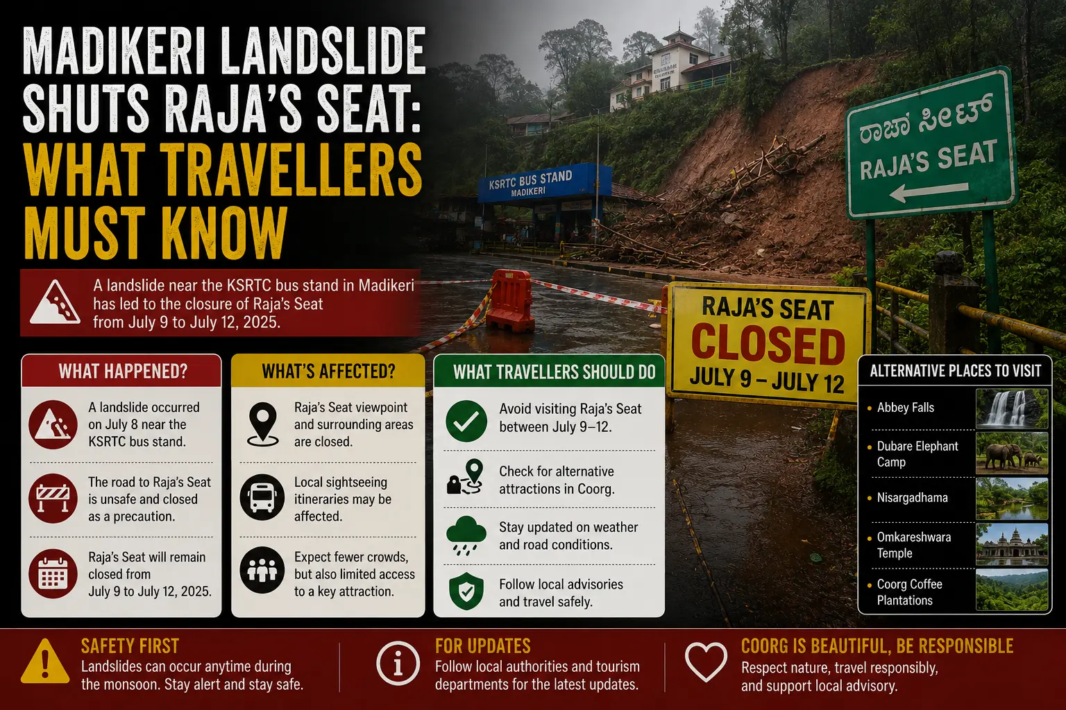 Madikeri Landslide Shuts Raja's Seat: What Travellers Must Know